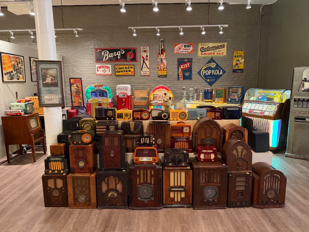 The wall of vintage radios inside Beautiful Things